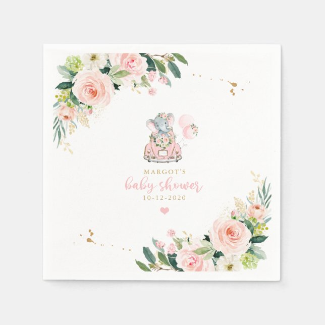 Servilleta De Papel Elephant Drive De Baby Shower Roses Rosa (Anverso)