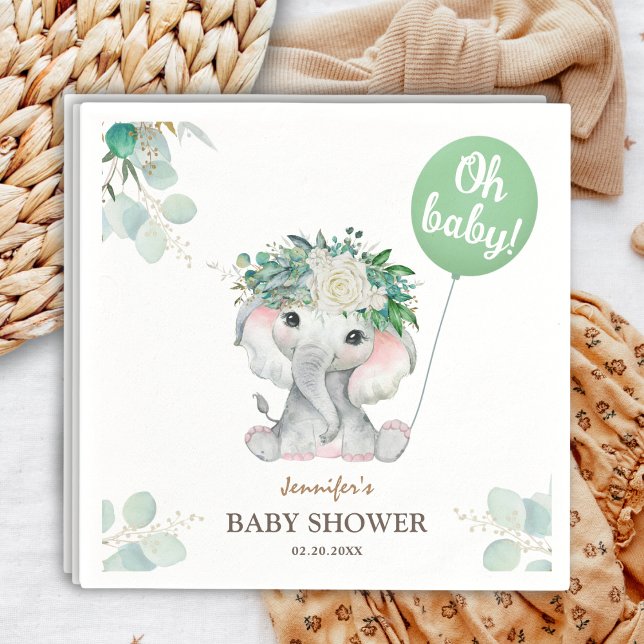 Servilleta De Papel Elephant Green Balloon Oh Boy Baby Shower (Subido por el creador)