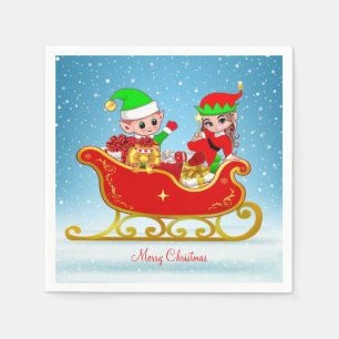 Servilleta De Papel Elf de Navidades cortos en Sleigh en azul claro