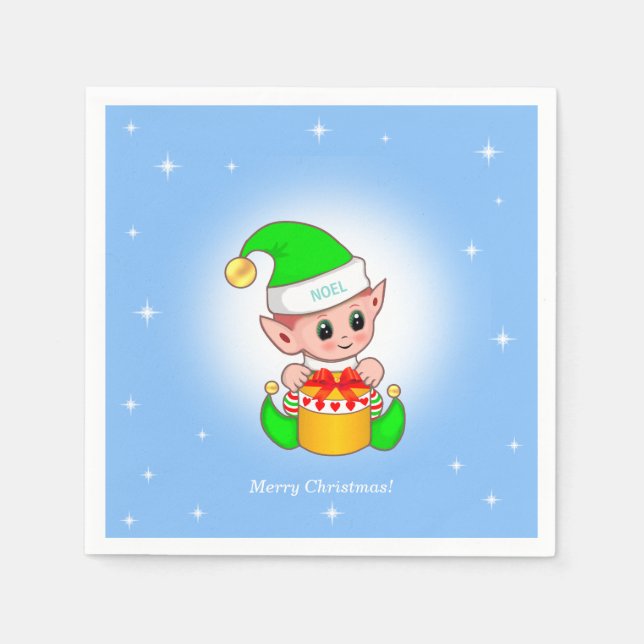 Servilleta De Papel elfo navidad y estrellas en azul claro (Anverso)