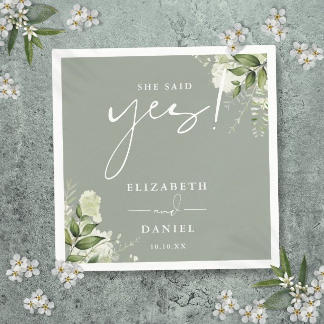 Servilleta De Papel Ella Dijo Sí Verde Sage Verde Fiesta de Compromiso (She Said Yes Greenery Sage Green Engagement Party Napkins)