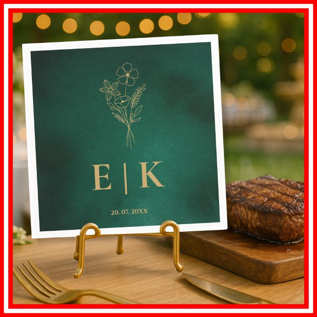 Servilleta De Papel Emerald Green & Gold Monogram Wildflower Wedding (Subido por el creador)