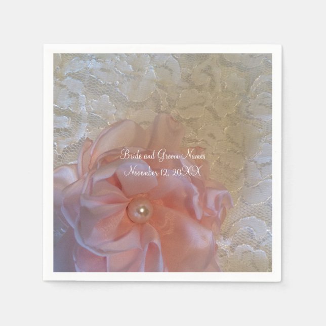 Servilleta De Papel Encaje Blanco Flor Rosa Con Perla (Anverso)