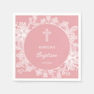 Servilleta De Papel Encaje blanco sobre bautizo rosa