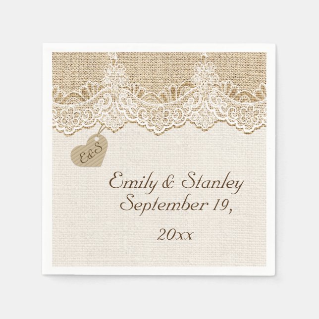 Servilleta De Papel Encaje blanco y corazón sobre arpillera boda rústi (Anverso)