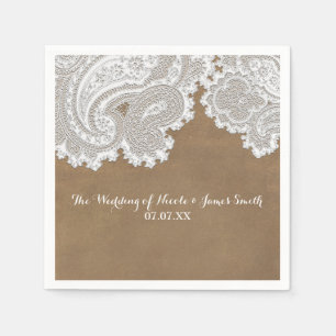 Servilleta De Papel Encaje Blanco y Marrón Chic Rústico Elegante Boda
