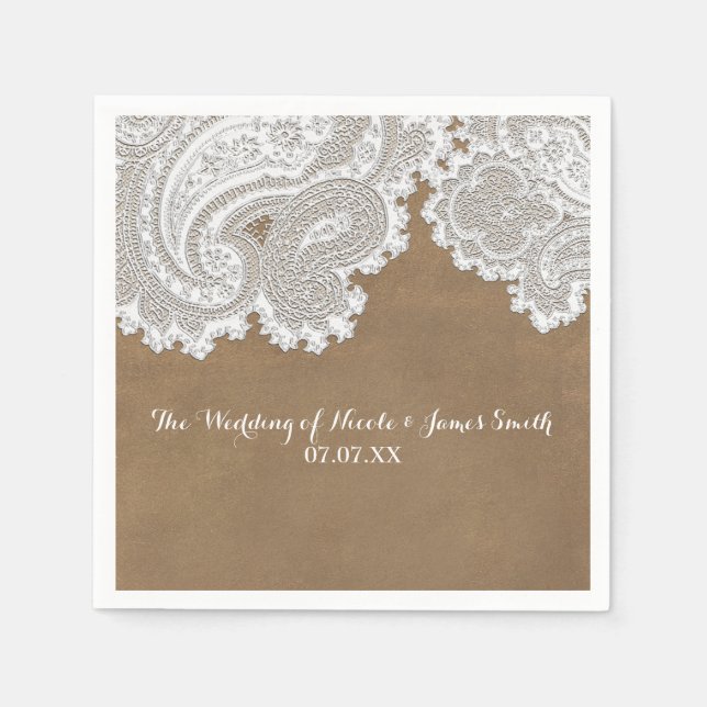 Servilleta De Papel Encaje Blanco y Marrón Chic Rústico Elegante Boda (Anverso)