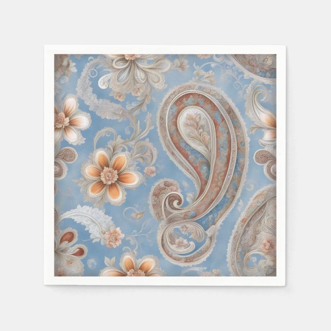 Servilleta De Papel Encantador Paisley Peach y Blue (Anverso)
