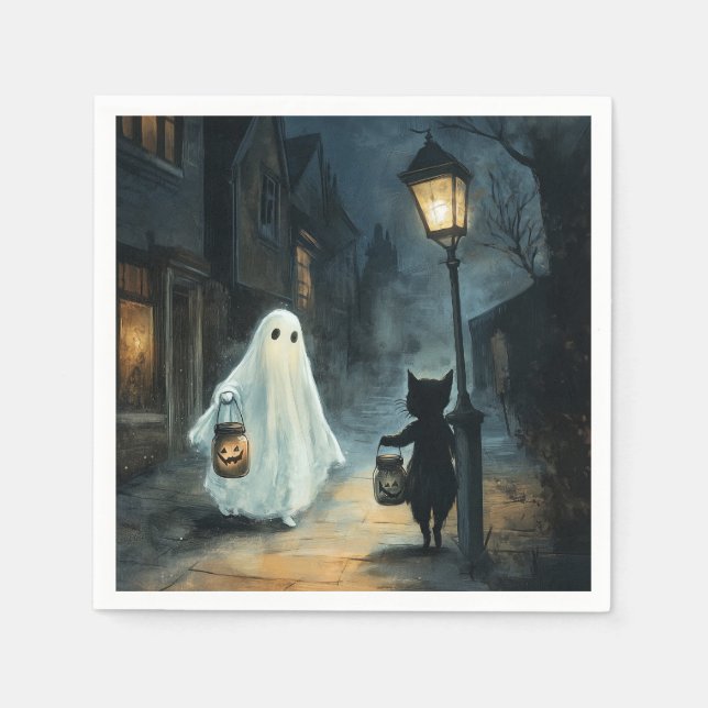 Servilleta De Papel Encuentro de Fantasma y Gato de Halloween (Anverso)