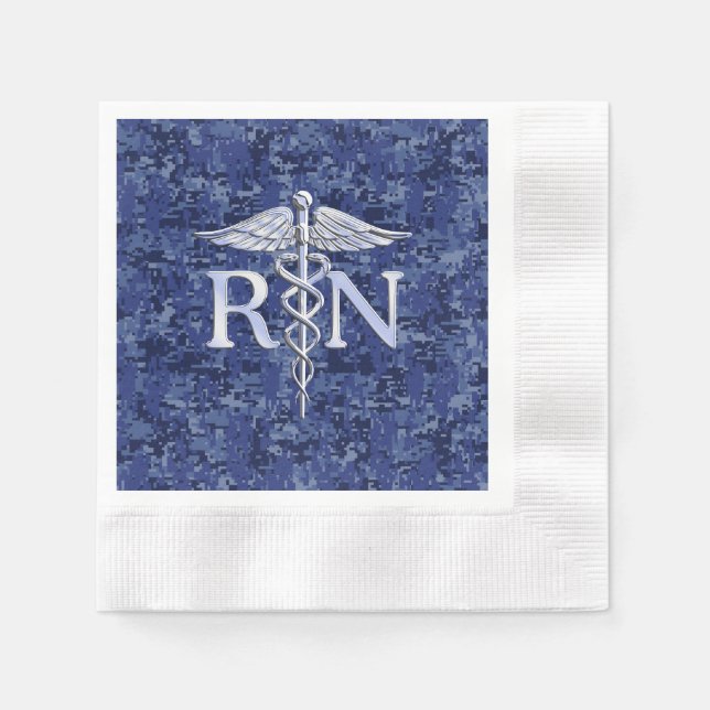 Servilleta De Papel Enfermera inscrita RN Silver Caduceus en Navy Camo (Anverso)