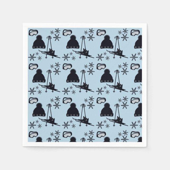 Servilleta De Papel Equipo de esquí negro y copos de nieve en azul (Anverso)