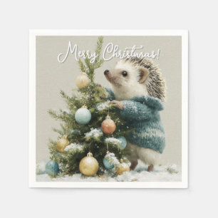 Servilleta De Papel Erizo con suéter decorando un árbol de Navidad