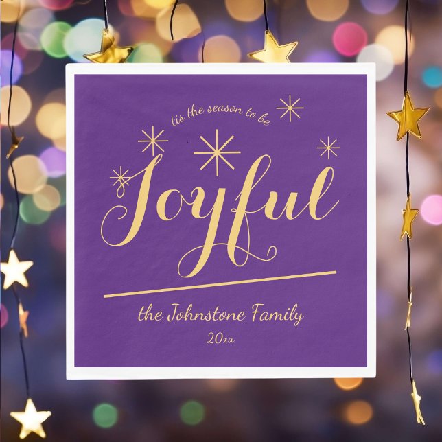 Servilleta De Papel "es la temporada para ser alegre" Moda Fiesta (Customize these Joyful purple and gold paper napkins to suit your special holiday gathering.)