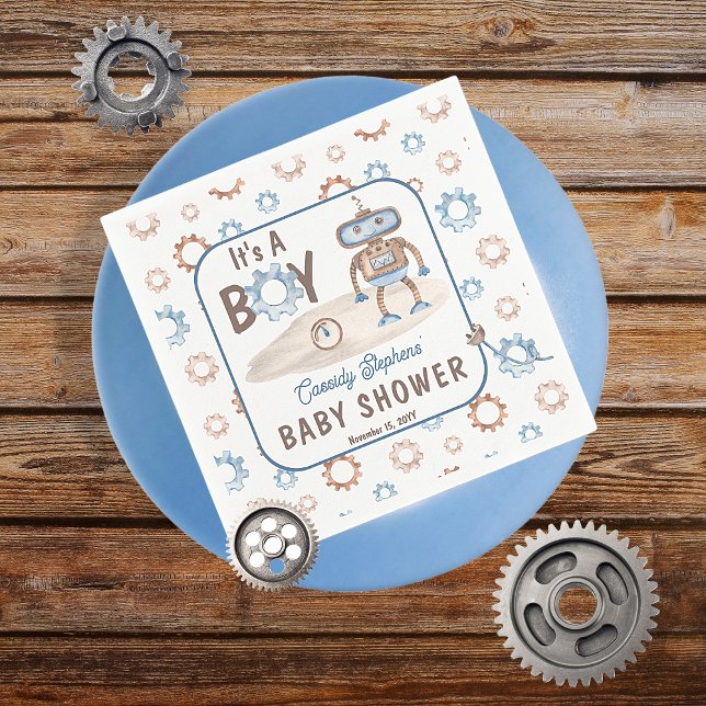 Servilleta De Papel Es un azul chiquito | Baby Shower Greige Robot (Blue, greige and white "It's A Boy" Cute Robot-Themed Baby Shower Paper Napkins)