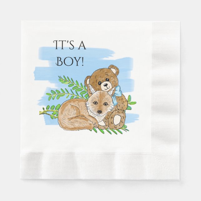 Servilleta De Papel Es un Baby Shower de Boy, Fox y Teddy Bear (Anverso)