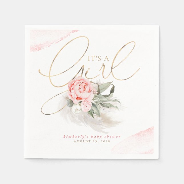 Servilleta De Papel Es un Chica Baby Shower de pampas de flores rosada (Anverso)