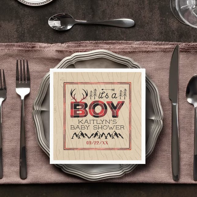 Servilleta De Papel ¡Es un chico! Rustic Plaid Lumberjack Baby Shower (Subido por el creador)