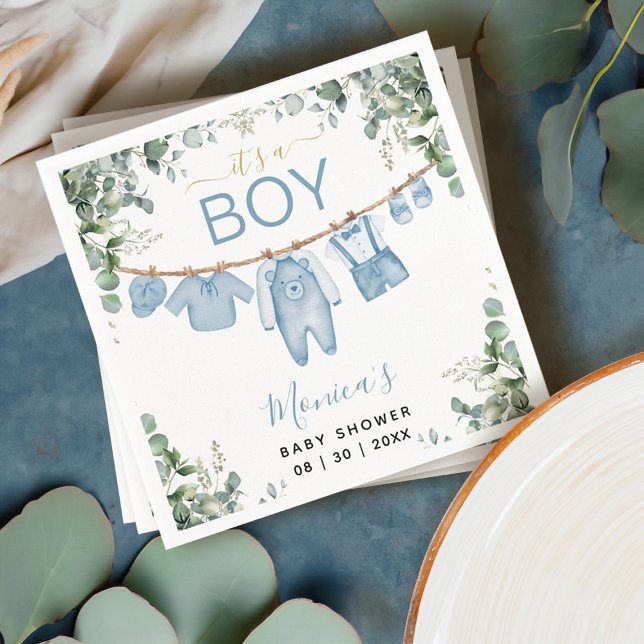 Servilleta De Papel Es un niño Baby Shower azul boho ropa verde (It’s a Boy Blue Boho Clothes Greenery Baby Shower Napkins)