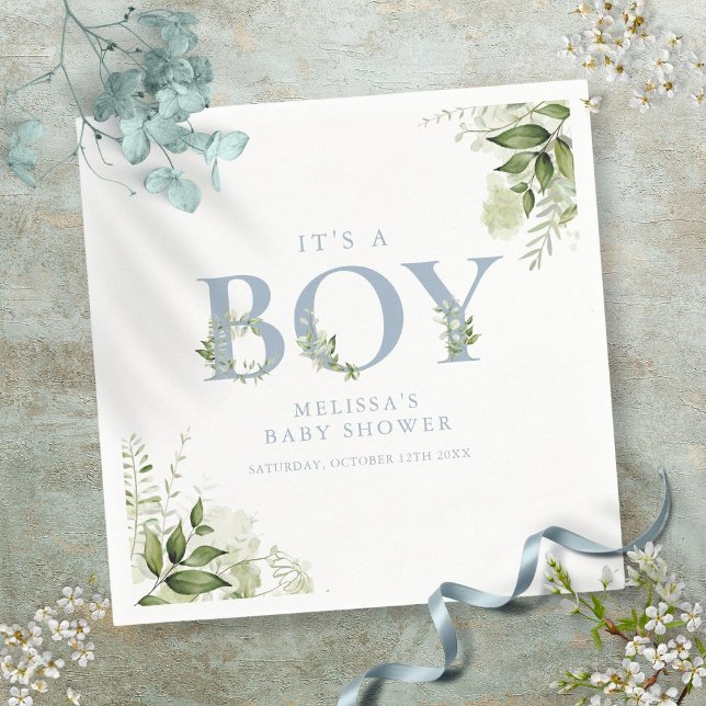 Servilleta De Papel Es un niño vegetación polvo azul carta Baby Shower (Its A Boy Greenery Dusty Blue Letter Baby Shower Napkins)