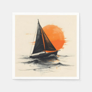 Servilleta De Papel Esbozo De Silhouette Sailboat Con Sol Naranja