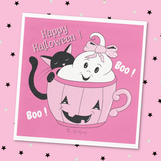 Servilleta De Papel Escandaloso Gato Fantasma Gato Halloween Rosa (Spooky cute ghost and black cat buddies pink Halloween paper napkin . )