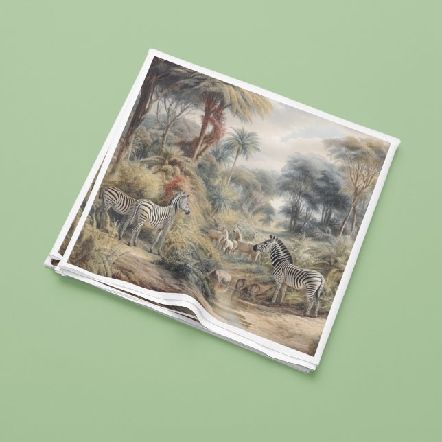 Servilleta De Papel Escena botánica de cebras y leones en un oasis (Subido por el creador)