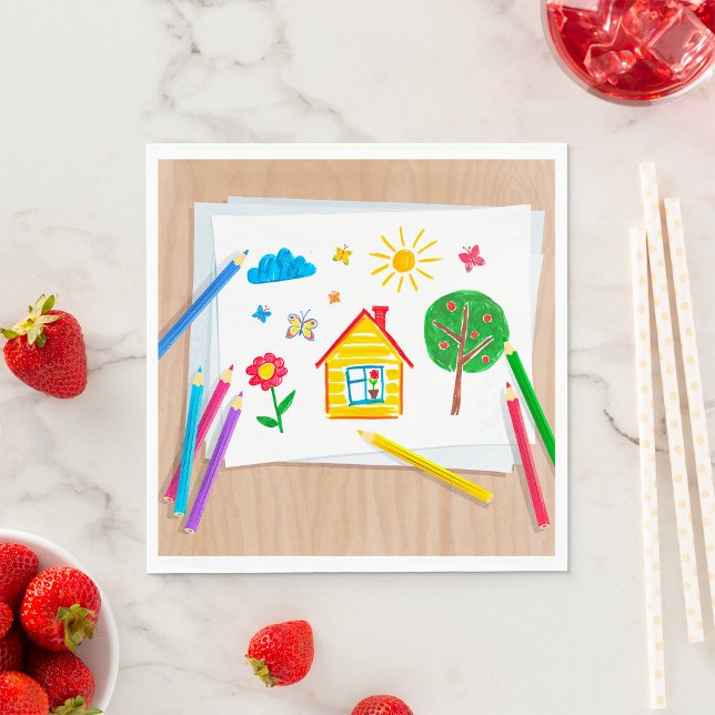Servilleta De Papel Escena de casa dibujada con crayones infantil (Subido por el creador)