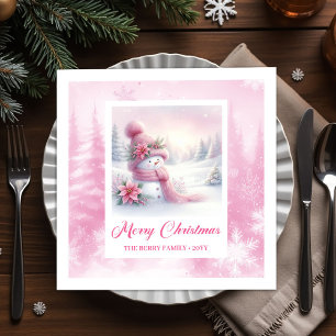 Servilleta De Papel Escena de invierno de hombre de nieve rosa brillan