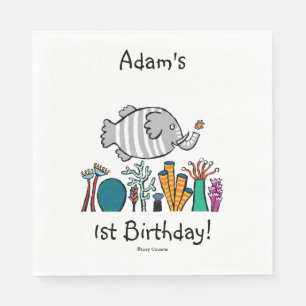 Servilleta De Papel Escena linda de los pescados del elefante con el