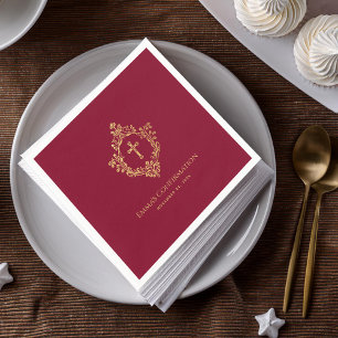 Servilleta De Papel Escudo Chica Confirmación Burgundy Faux Gold Vinta