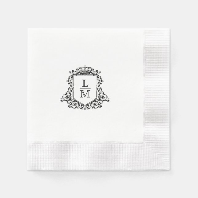 Servilleta De Papel Escudo de cosecha Monograma Boda blanco y negro (Anverso)