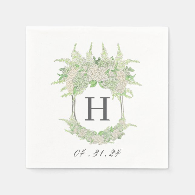 Servilleta De Papel Escudo de hidrangea blanca y verde acuarela (Anverso)