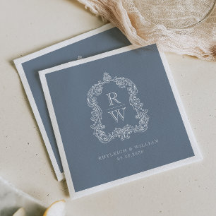 Servilleta De Papel Escudo de monograma vintage Nombres Boda azul turb