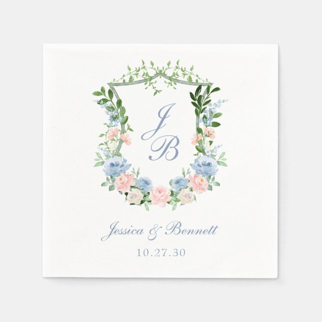 Servilleta De Papel Escudo Floral Azul Dusty Boda Napkins (Anverso)