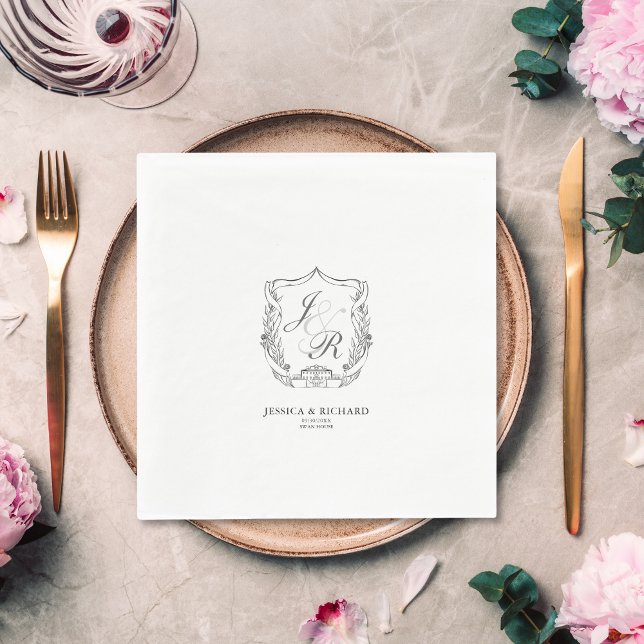 Servilleta De Papel Escudo monograma elegante Boda dibujado a mano (classic hand drawn wedding venue invitation, swan house usa)