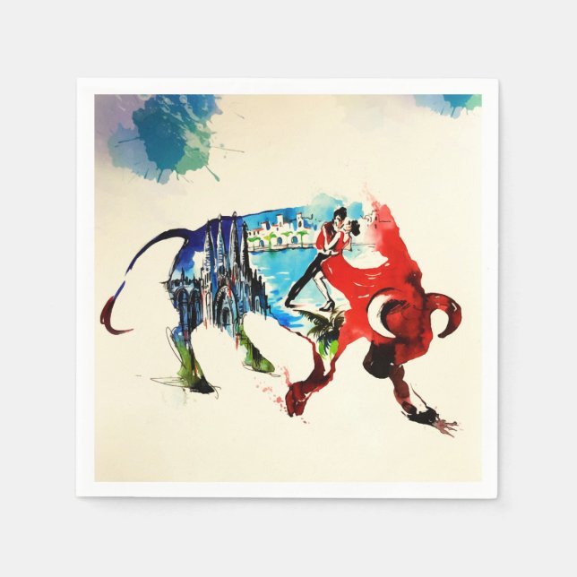 Servilleta De Papel España Bull Vintage Travel Love Watercolor (Anverso)