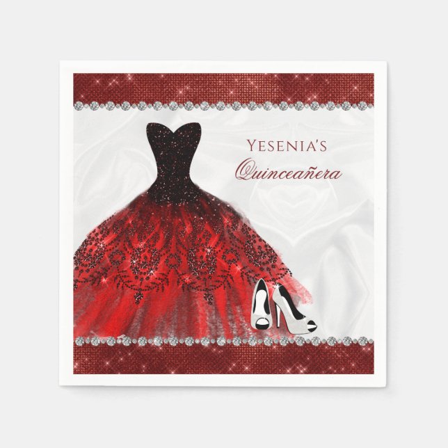 Servilleta De Papel Esparkle de diamante rojo Glam Quinceañera (Anverso)