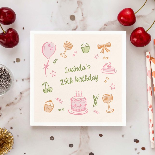 Servilleta De Papel Espectacular fiesta de cumpleaños dibujada a mano (colourful, whimsical, hand-drawn birthday icon doodles paper napkin)