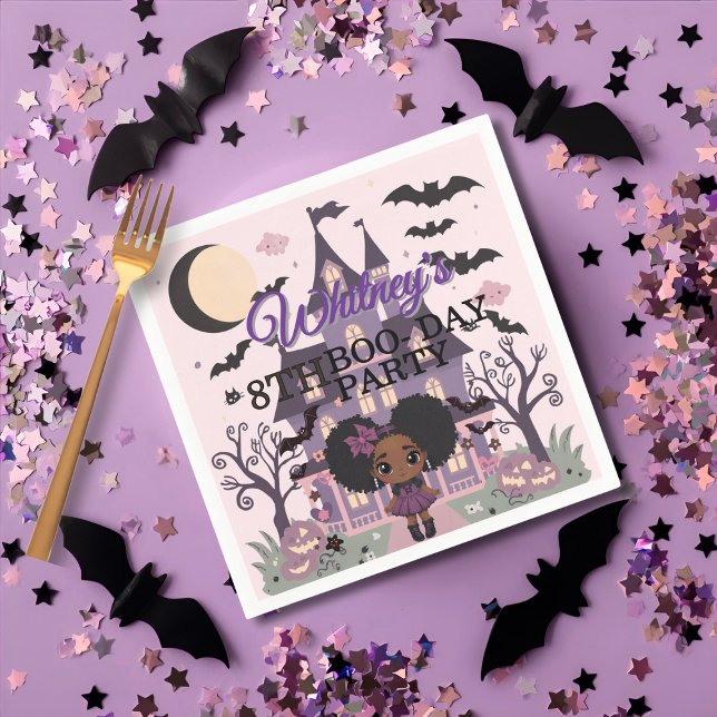 Servilleta De Papel Espeluznante Chica Fiesta de cumpleaños Purple afr (Spooky Girl Purple afro-puff Birthday Party Napkins)