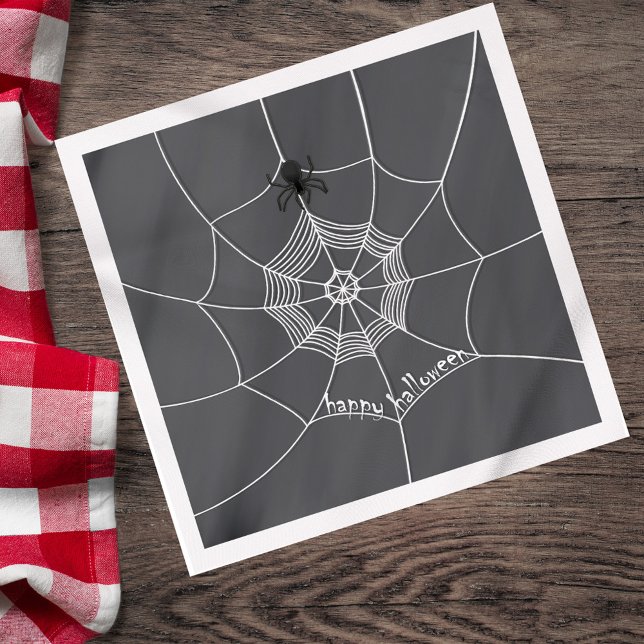 Servilleta De Papel Espeluznante en la web araña (Happy Halloween spider web napkin with black and white design.)