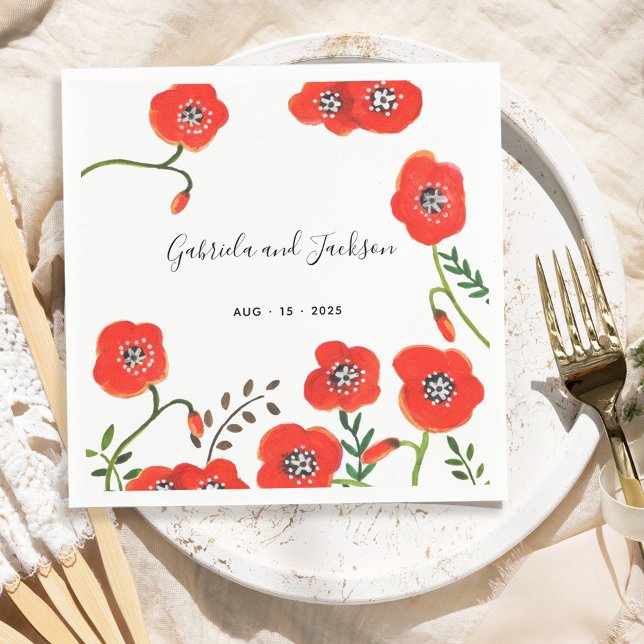 Servilleta De Papel Espías rojas boda floral moderno (Red poppies modern floral wedding napkins)