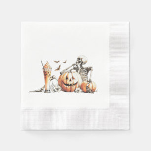 Servilleta De Papel Esqueleto con calabaza y bebida. Halloween.
