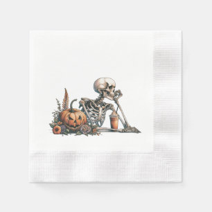 Servilleta De Papel Esqueleto con calabaza y bebida. Halloween