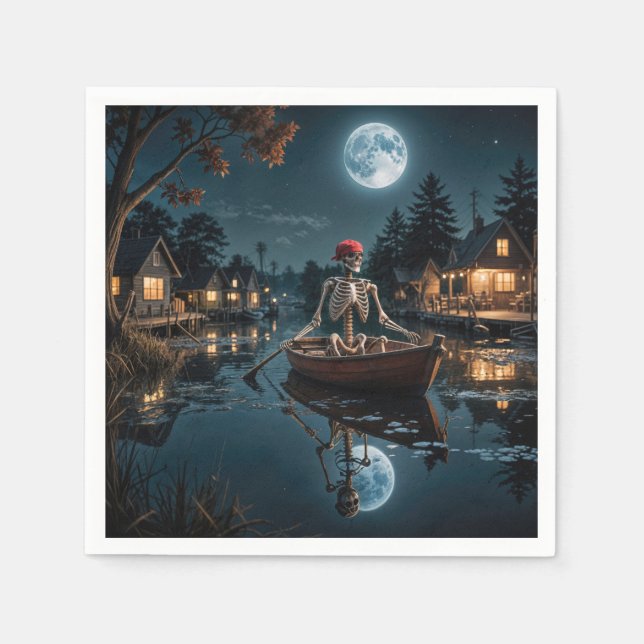 Servilleta De Papel Esqueleto de Halloween en un bote de remos (Anverso)