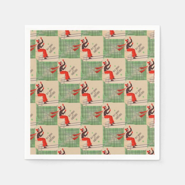 Servilleta De Papel Esquiador Navidad de los años 50 (Anverso)