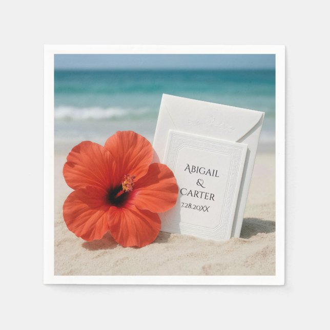 Servilleta De Papel Estacionamiento De Bodas De Playa Con Flor De Hibi (Anverso)