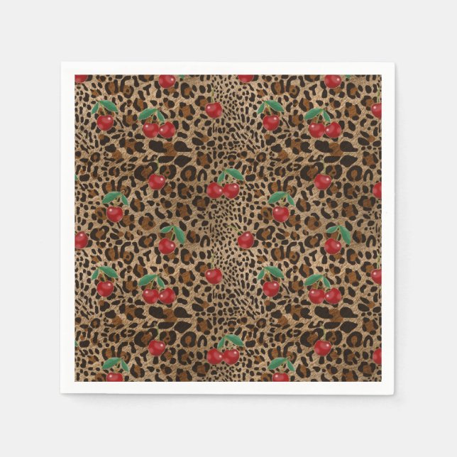 Servilleta De Papel Estampado Animal Leopardo Guepardo Cerezas Rojas (Anverso)