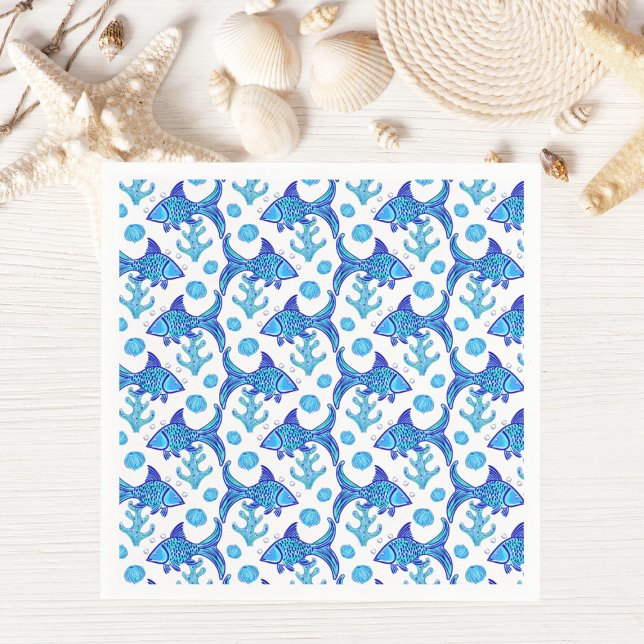Servilleta De Papel Estilo costero del patrón de peces azul preppy (Subido por el creador)