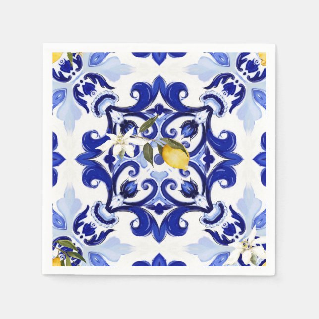 Servilleta De Papel Estilo italiano,azulejos,majolica,limón ,Impresión (Anverso)