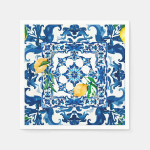 Servilleta De Papel estilo italiano, mediterráneo, mosaico, azul,
